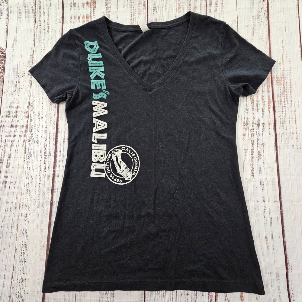 Duke's Malibu CA Black Short Sleeve Cotton Blend V-Neck T-Shirt Women's L